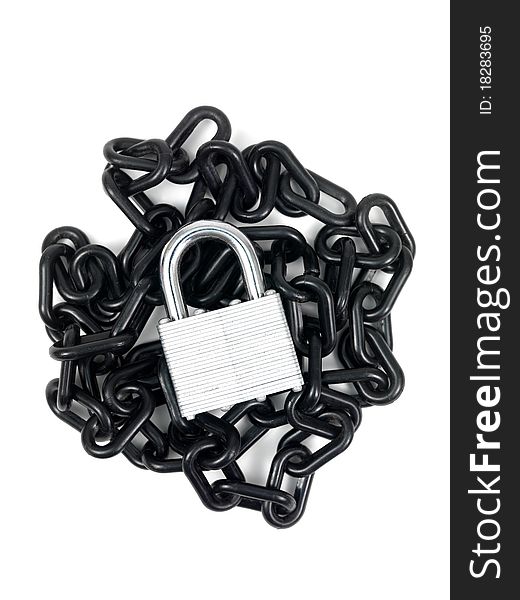 A black chain and padlock isolated against a white background