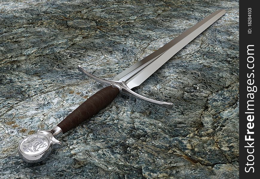 Very high resolution 3d rendering of a sword on a stone. Very high resolution 3d rendering of a sword on a stone