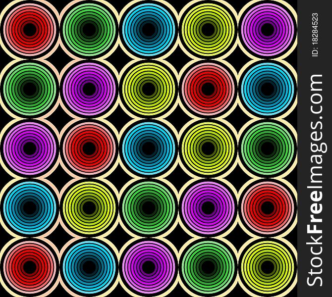 Vintage seamless tile pattern with circles and black background. Vintage seamless tile pattern with circles and black background.