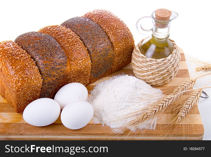 Fresh bread,  eggs,  flour  and  oil