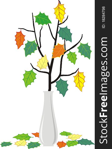 Vector isolated illustration - Autumn branch of the tree in an elegant white vase and fallen down leaves - cartoon style. Vector isolated illustration - Autumn branch of the tree in an elegant white vase and fallen down leaves - cartoon style