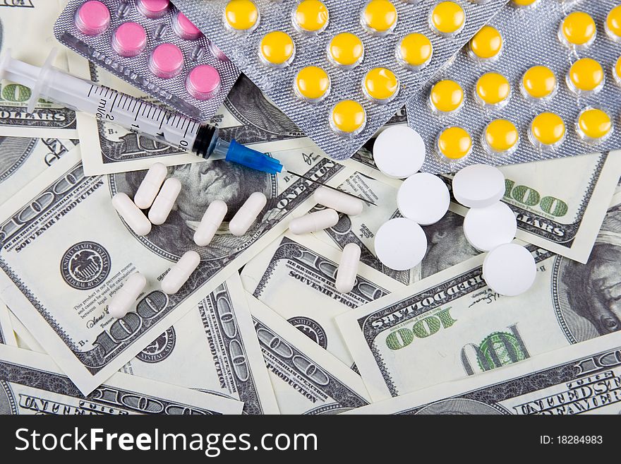 Money and pills, abstract business medical background