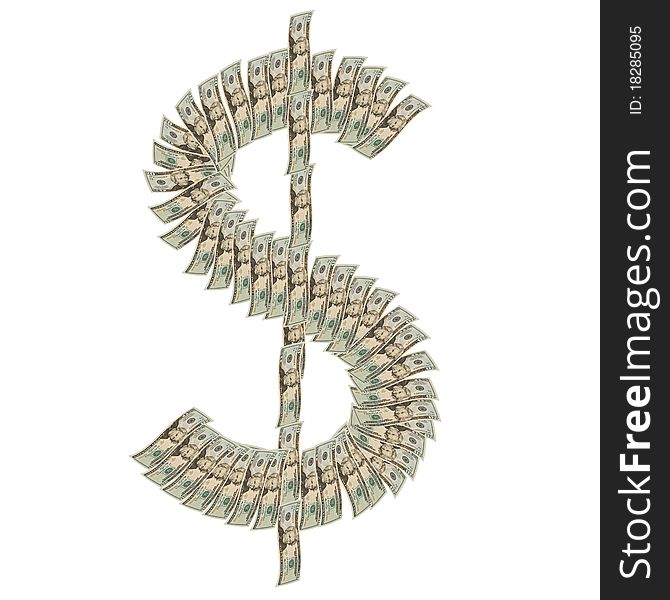 Twenty dollar bills making a money symbol on a white background, dollar symbol