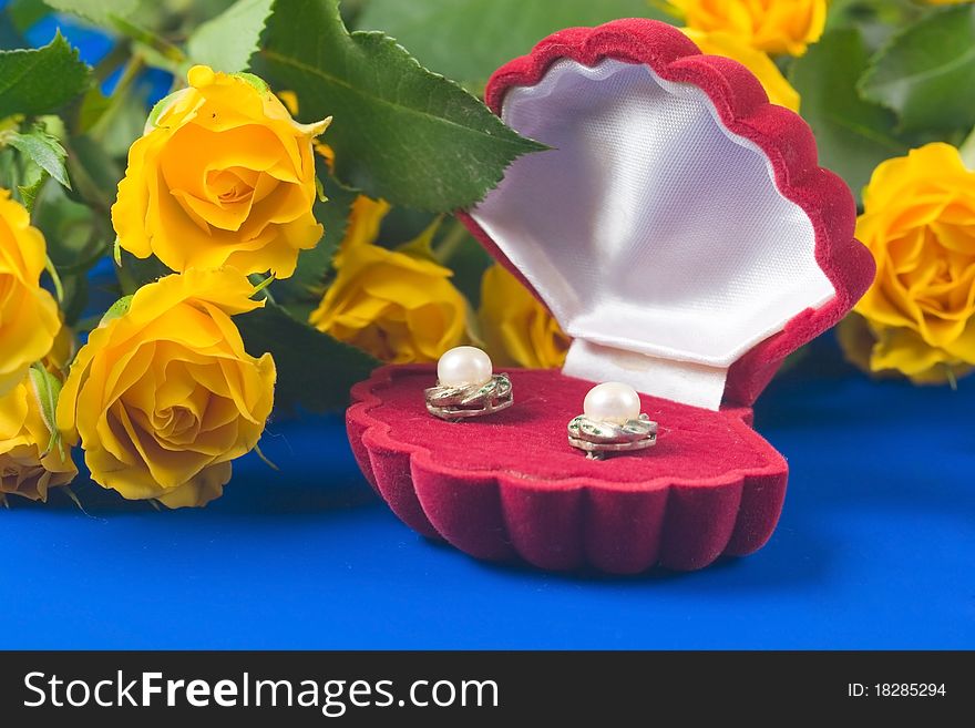 Beautiful yellow roses and box with a gift