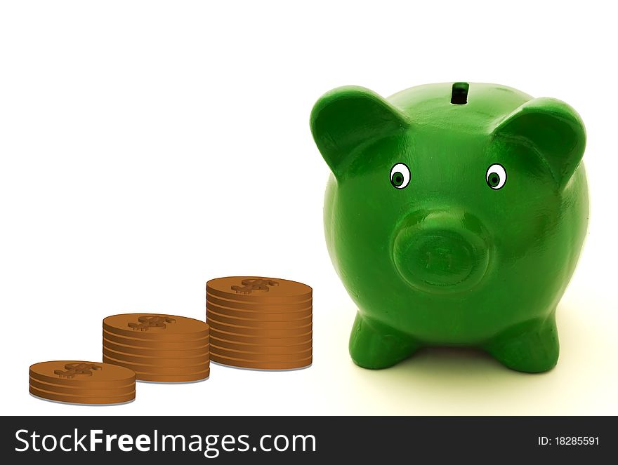 A green piggy bank with gold coins on a white background, Lots of money