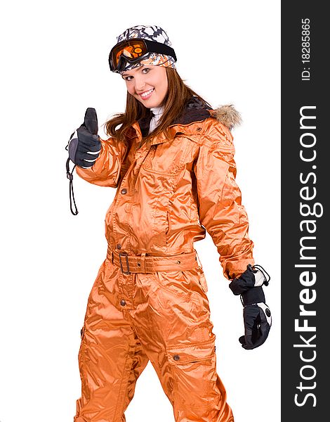 Young snowboard woman standing with thumb up isolated on white. Young snowboard woman standing with thumb up isolated on white