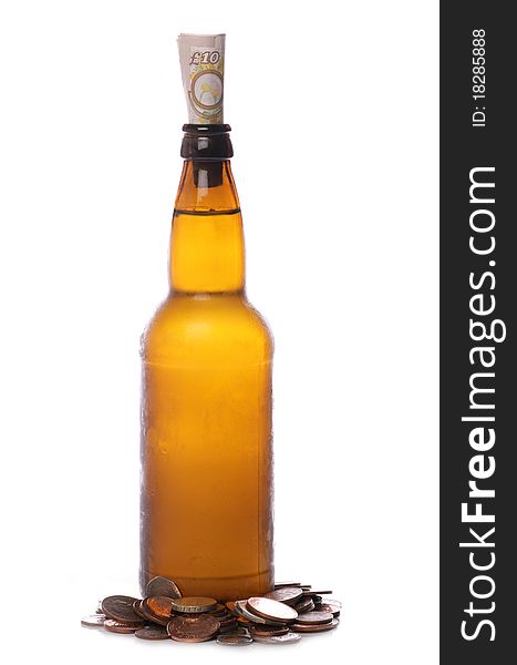 Beer bottle with sterling money studio cutout