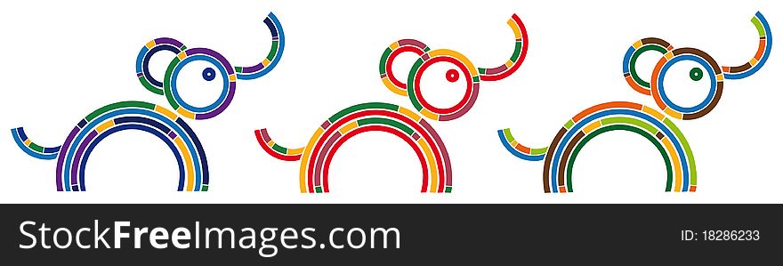 Three decorative multicolored elephants with trunks up. Three decorative multicolored elephants with trunks up