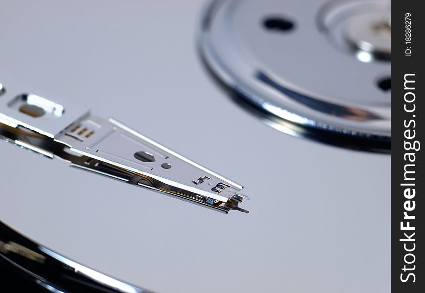 Inside close-up view of a computer hard drive