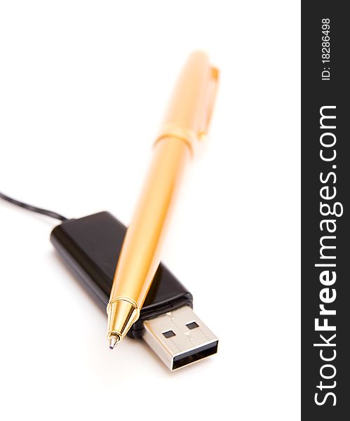 Pen and flash drive isolated on white backrground