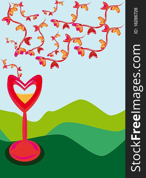 Love glass and branches with hearts. Illustration.