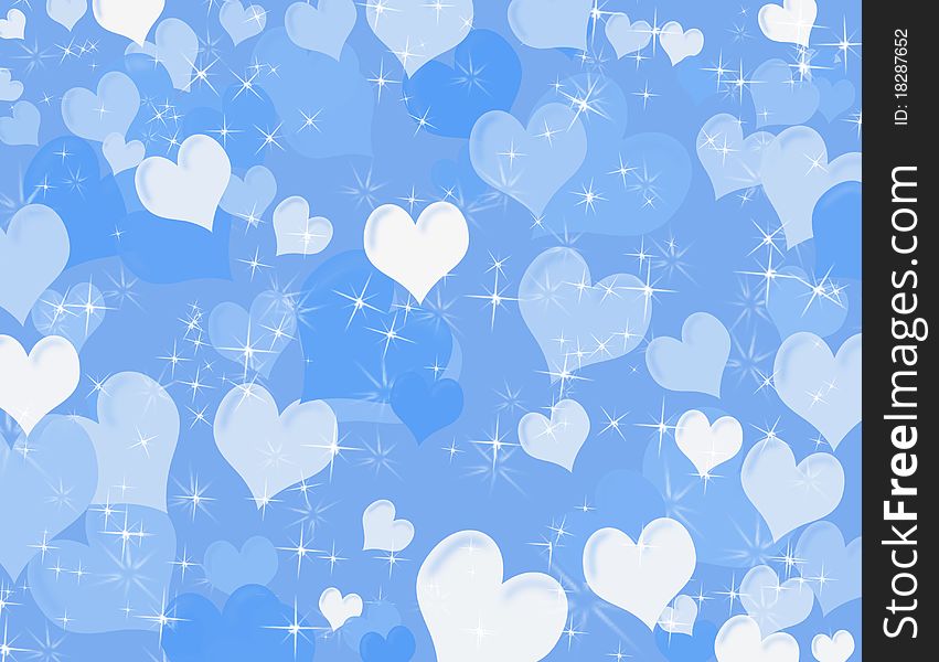 White and blue hearts on a blue sparkly background, heart background