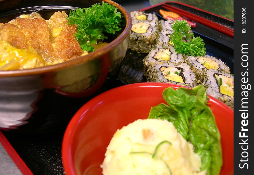 Assorted japanese food bento served