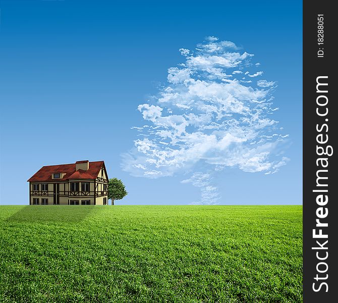 House on a green meadow and the cloud