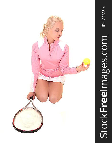 An portrait of a gorgeous teenager with curly blond hair and blue eyes, sitting on the floor in a tennis outfit, for white background. An portrait of a gorgeous teenager with curly blond hair and blue eyes, sitting on the floor in a tennis outfit, for white background.