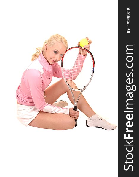 An portrait of a gorgeous teenager with curly blond hair and blue eyes, sitting on the floor in a tennis outfit, for white background. An portrait of a gorgeous teenager with curly blond hair and blue eyes, sitting on the floor in a tennis outfit, for white background.