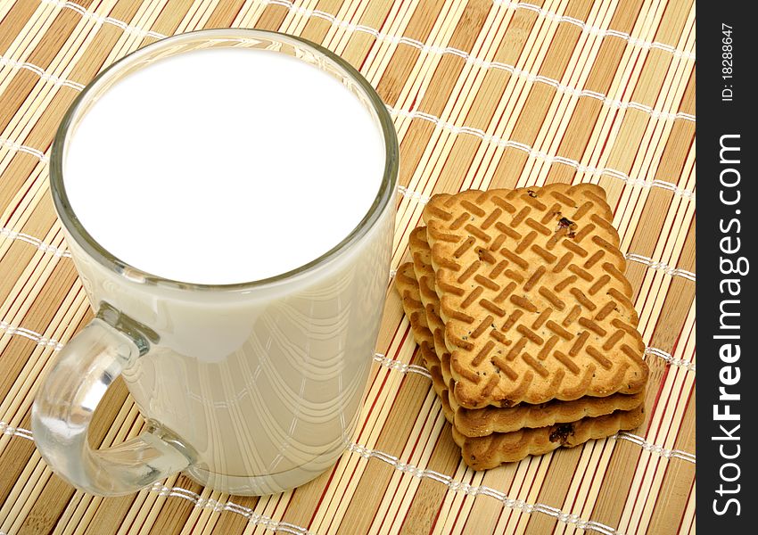 Milk and cookies on a wooden napkin
