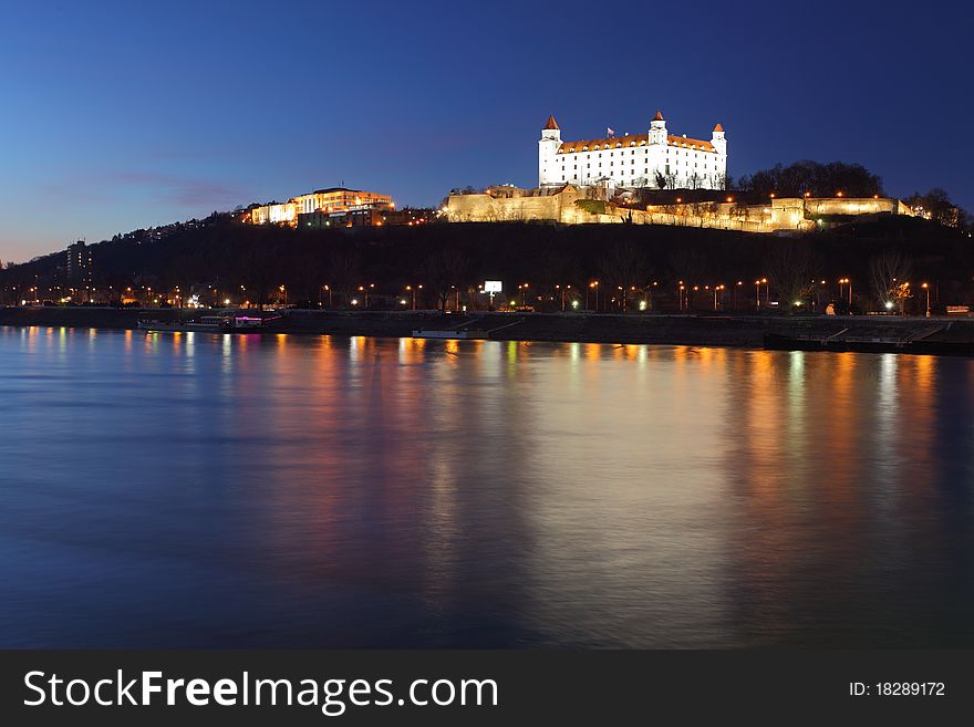 Bratislava castle at night with reflection