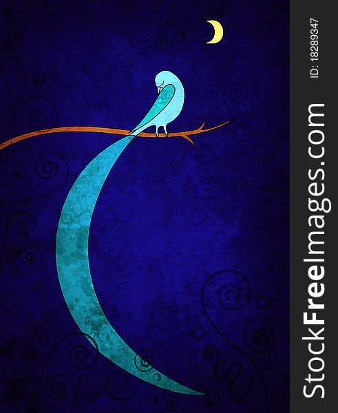 Blue bird and the moon in the dark blue night. Blue bird and the moon in the dark blue night