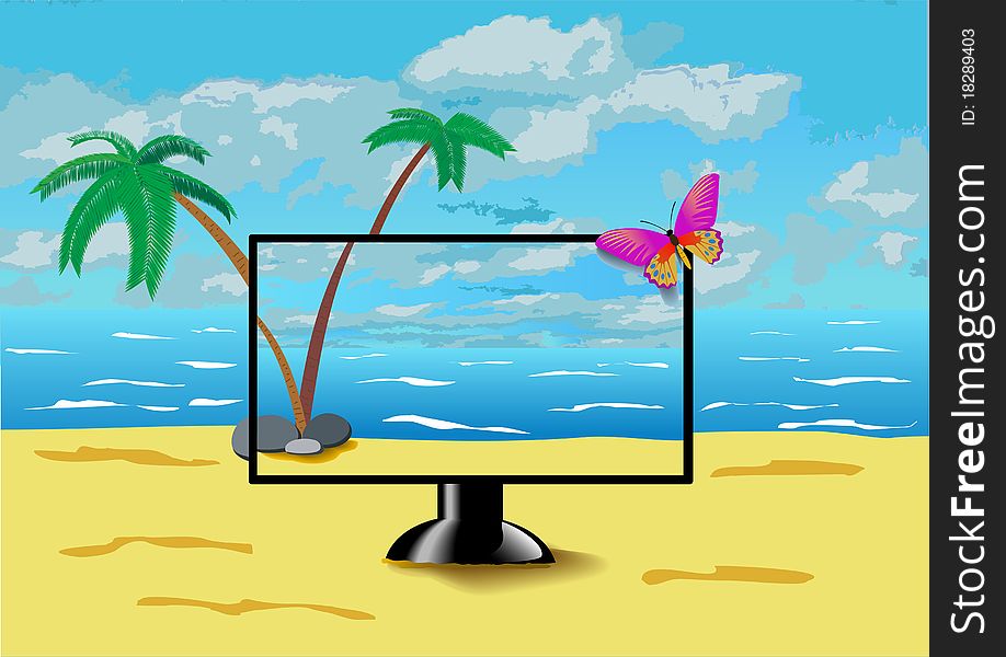 Computer monitor on the beach is shown in the image. Computer monitor on the beach is shown in the image.