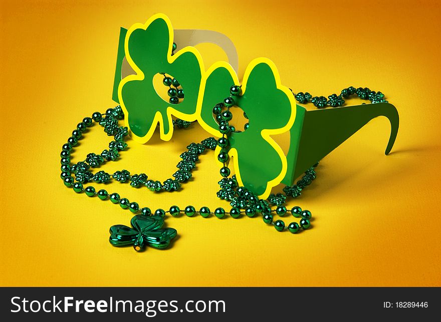 Close up of St. Patrick day glasses and necklace. Close up of St. Patrick day glasses and necklace