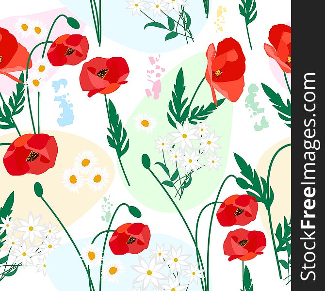 Seamless Vector Pattern Of Poppy And Daisies Flowers On White Background For Textile
