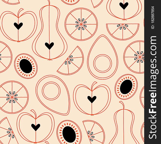 Retro vector repeat pattern with red outlined halves of fruit