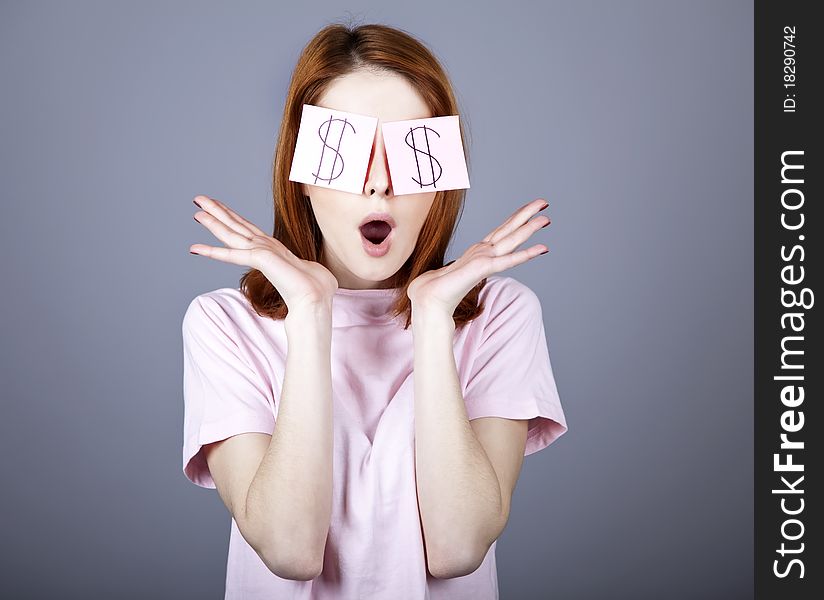 Girl With Dollars Symbol On Eyes.