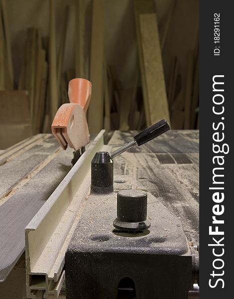 Carpentry workshop - tools, machinery, planks, sawdust. Carpentry workshop - tools, machinery, planks, sawdust
