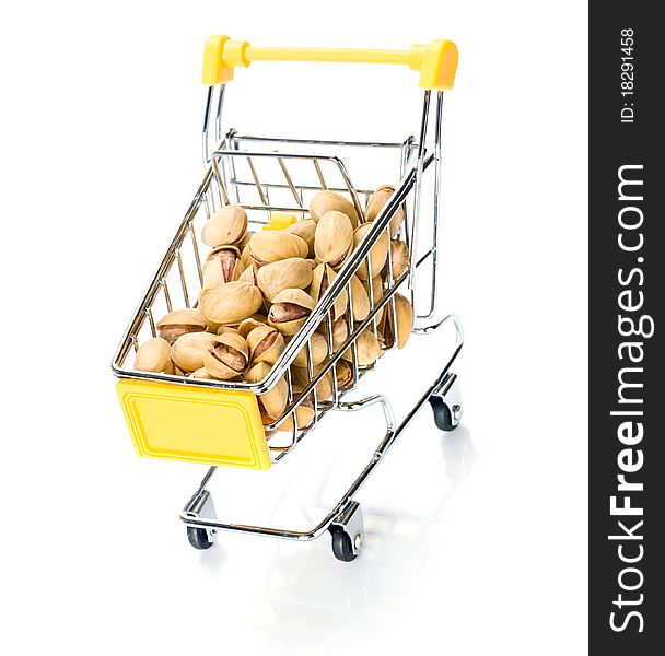 Pistachios in the shopping cart. Isolated.