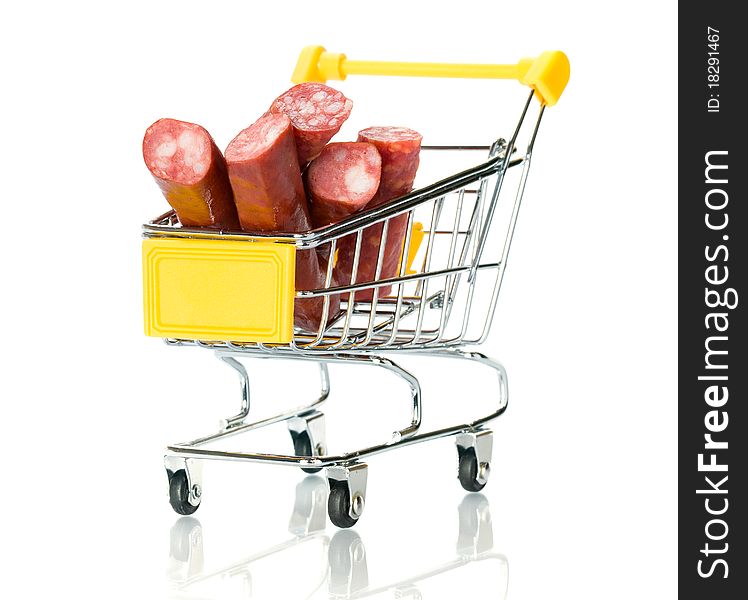 Salami sausage in the shopping cart. Isolated.