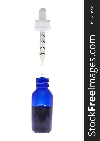 Isolated blue eye dropper bottle and eye dropper with drop in mid air.