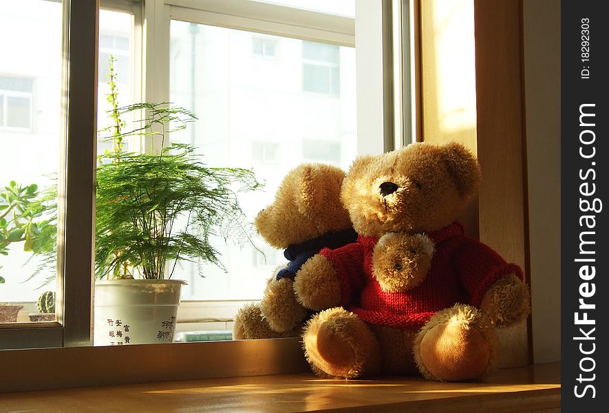 Toy bear sitting on the windowsill。