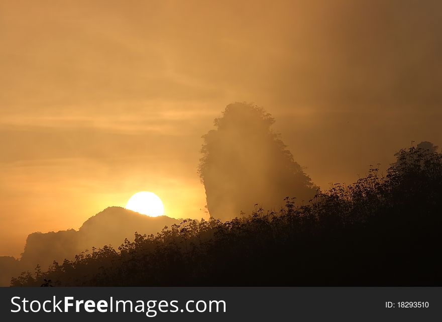 Sunrise in the mist weather