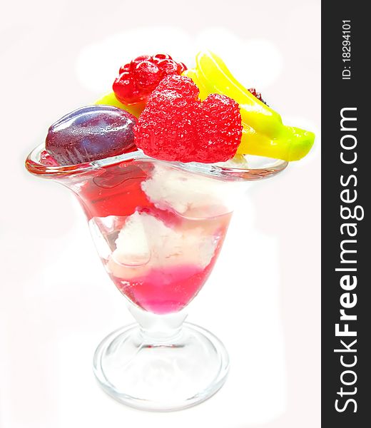 Cherry dessert with dairy pudding and jelly fruits
