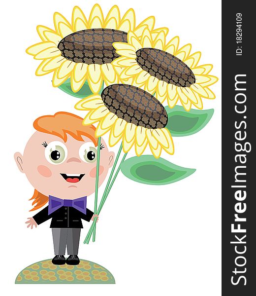 Cute boy with flowers sunflowers,isolated. Cute boy with flowers sunflowers,isolated