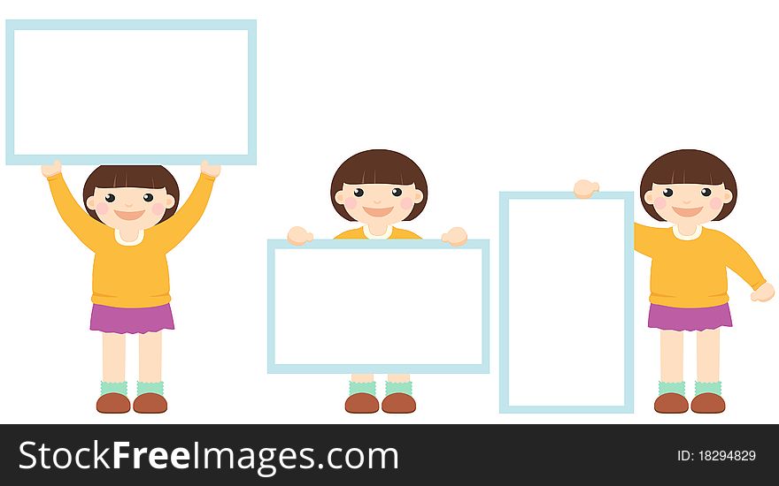 Toddler girl holding an empty sign over a white background with three different poses. Toddler girl holding an empty sign over a white background with three different poses