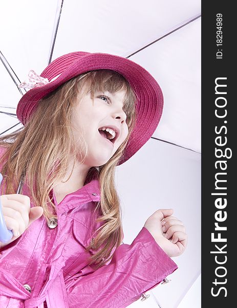 Girl posing with umbrella isolated on white