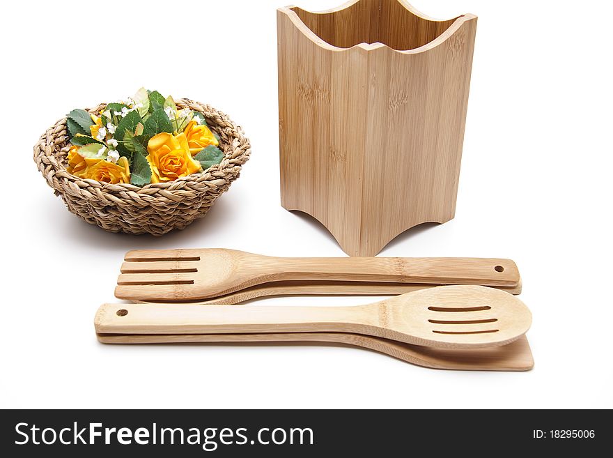 Cook spoon set of wood with flowers. Cook spoon set of wood with flowers