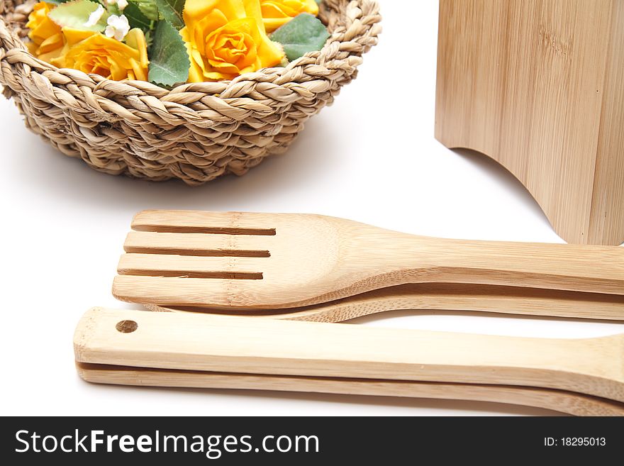 Cook spoon set of wood with flowers. Cook spoon set of wood with flowers