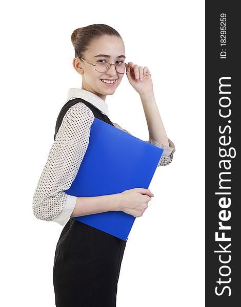 Business woman with blue folder isolated. Business woman with blue folder isolated