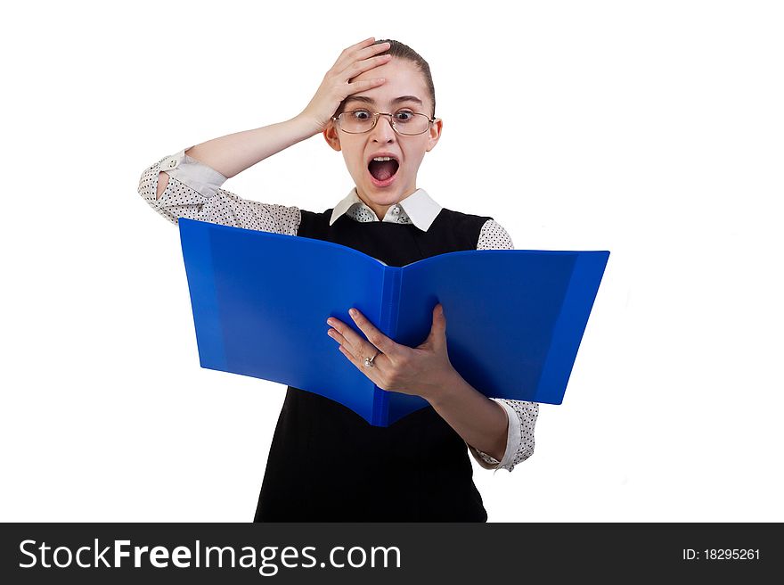 Business woman with blue folder isolated. Business woman with blue folder isolated