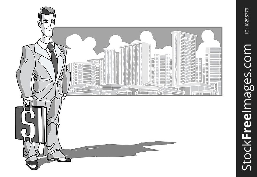 Young successful businessman standing near Panorama City.In his hand was a briefcase.Additionally, a vector EPS format.
