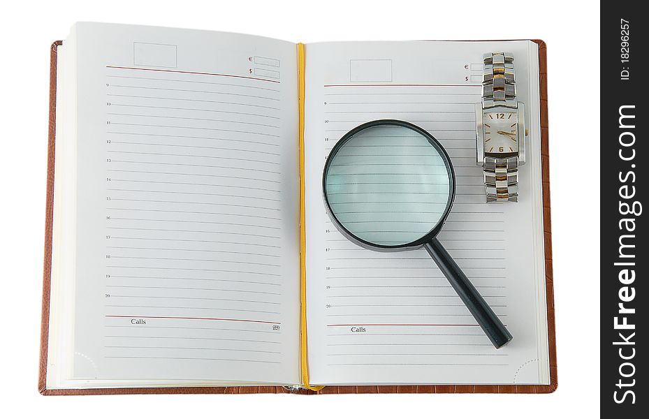 Daily with a clock and a magnifying glass isolated on a white background