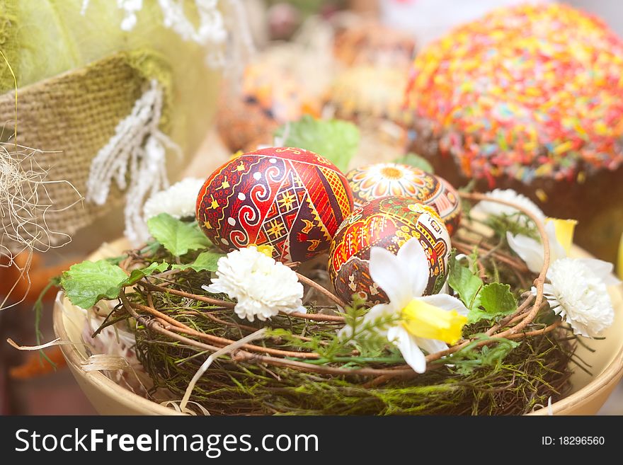 Traditional russian Easter table: cake and colored eggs. Traditional russian Easter table: cake and colored eggs