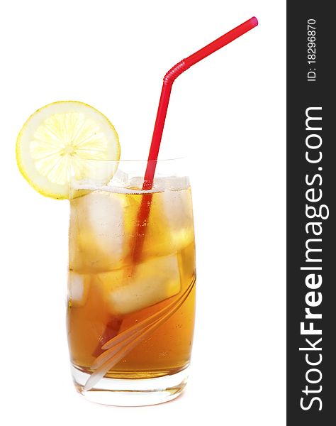 Ice tea in a glass with a lemon slice, isolated on white background. Ice tea in a glass with a lemon slice, isolated on white background