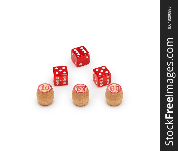 Barrels bingo and dice isolated on a white background