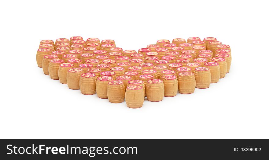 Barrels bingo in the form of heart isolated on a white background