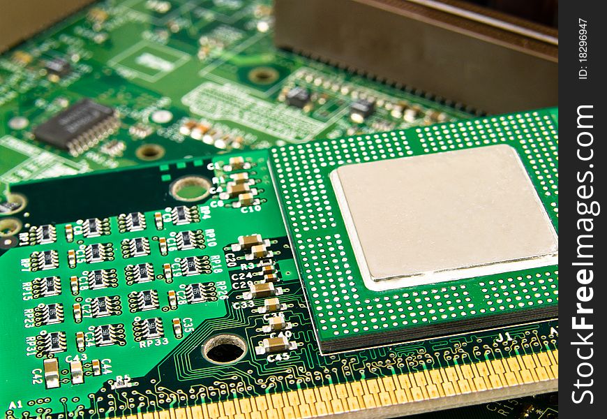 Chip processor transistor on pcb. Chip processor transistor on pcb