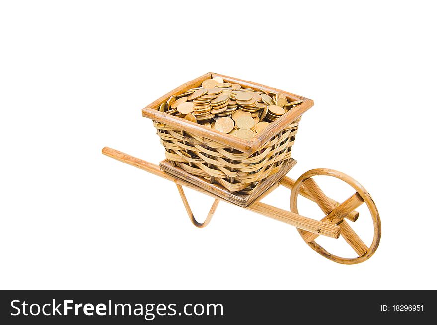 The cart of money and garden tools isolated over white. The cart of money and garden tools isolated over white